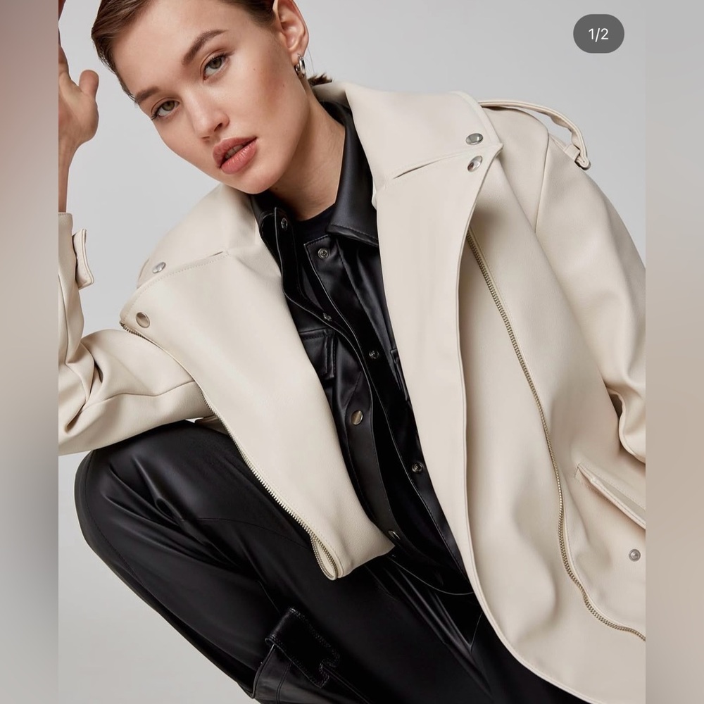 NWT Ligio Naked Nude White Beige Leather faux Jacket Coat silver hardware zara M